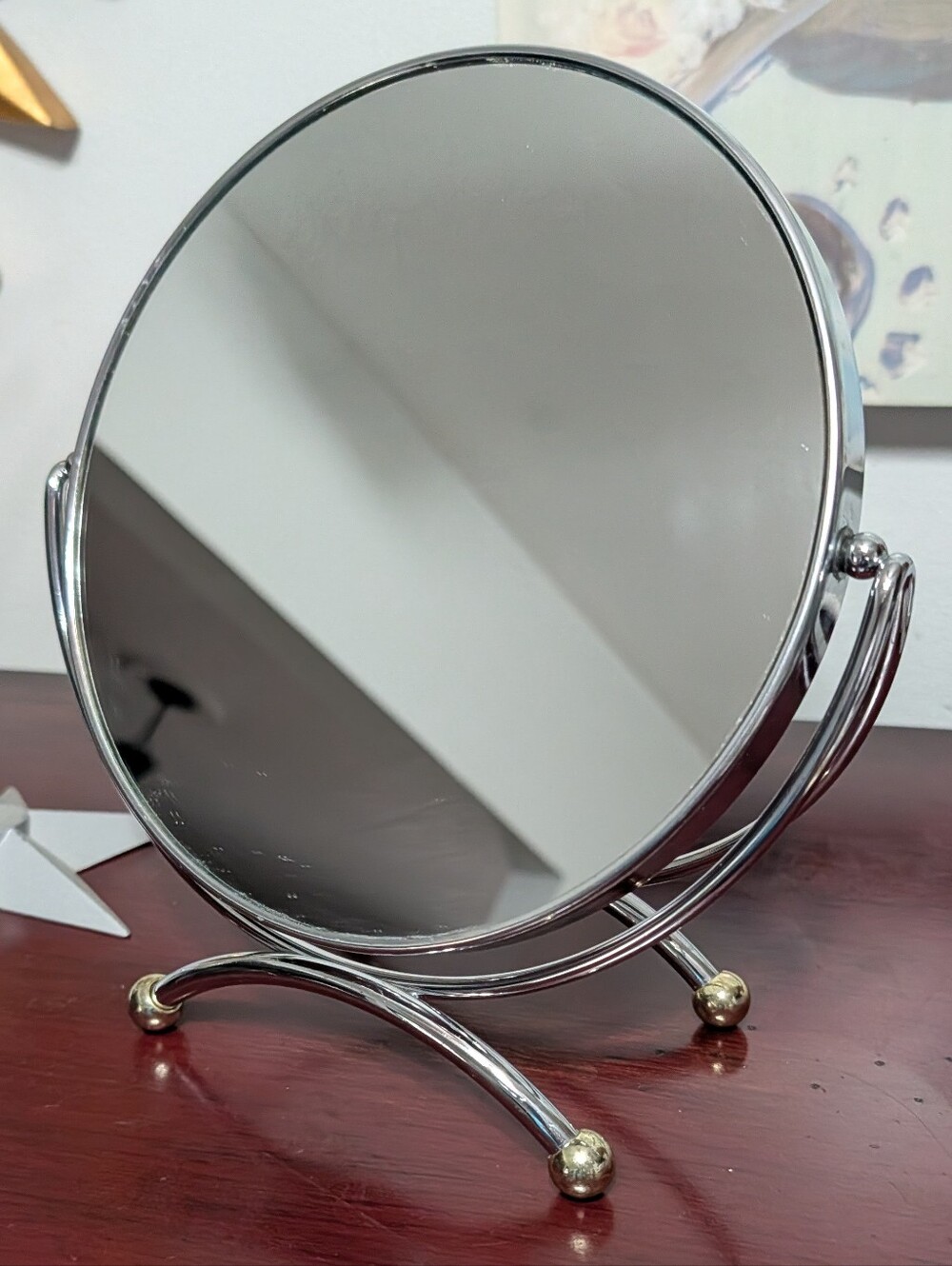 Vanity Mirror Double Sided Standard View & Magnification Chrome Stand Gold Feet
